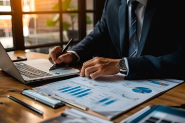 Professional businessman using technology to analyze financial reports and charts in his busy office workspace environment