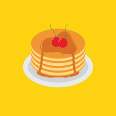 Pancakes on plate with caramel and maple syrup sweet vector illustration. Tasty holiday cake food isolated on white.