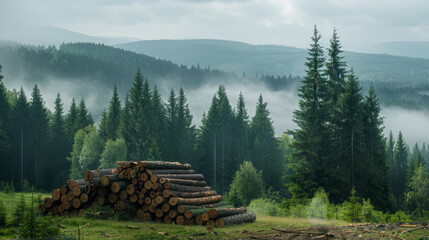 A forest with a large pile of logs in the foreground