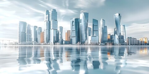 Modern urban landscape featuring glass skyscrapers set against a backdrop of blue sky and water. Concept Urban Architecture, Skyscrapers, Blue Sky, Modern Cityscape, Reflections