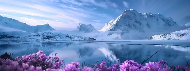 mountain winter landscape. frozen lake, white snow-capped mountains and cloudless sky, purple...