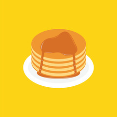 Pancakes on plate with caramel and maple syrup sweet vector illustration. Tasty holiday cake food isolated on white.