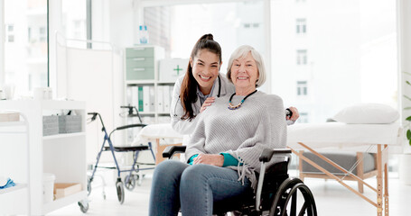 Happy, senior care and woman with a disability and doctor for healthcare, support and consulting....