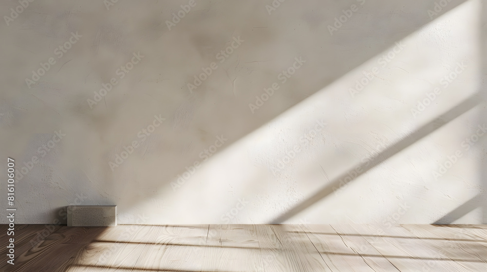 Aufkleber aesthetic geometric sunlight shadows on white textured wall and beige wooden floor empty template fo