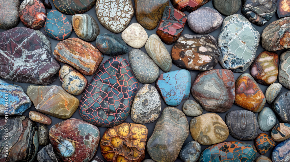 Poster a collection of colorful rocks with a variety of textures and patterns