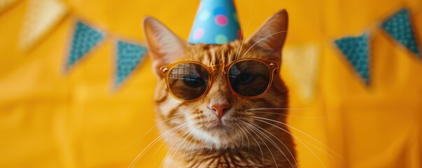 Party tabby cat with birthday hat on yellow background