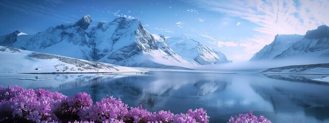 mountain winter landscape. frozen lake, white snow-capped mountains and cloudless sky, purple flowers near with lake - Powered by Adobe