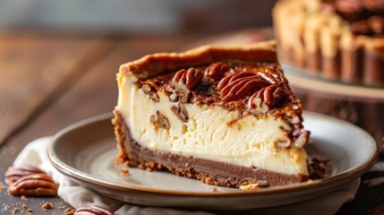 Slice of pecan pie cheesecake dessert, fall season baking, Thanksgiving