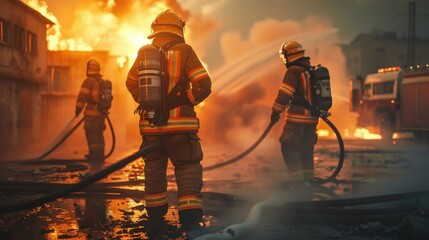 Fototapeta premium Firefighters who are fighting a large-scale fire. Brave heroes