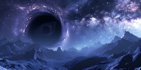 Black Hole with Swirling Disk in Front of Starlit Mountains: An Artistic Interpretation. Concept Artistic Interpretation, Black Hole, Swirling Disk, Starlit Mountains, Astronomy