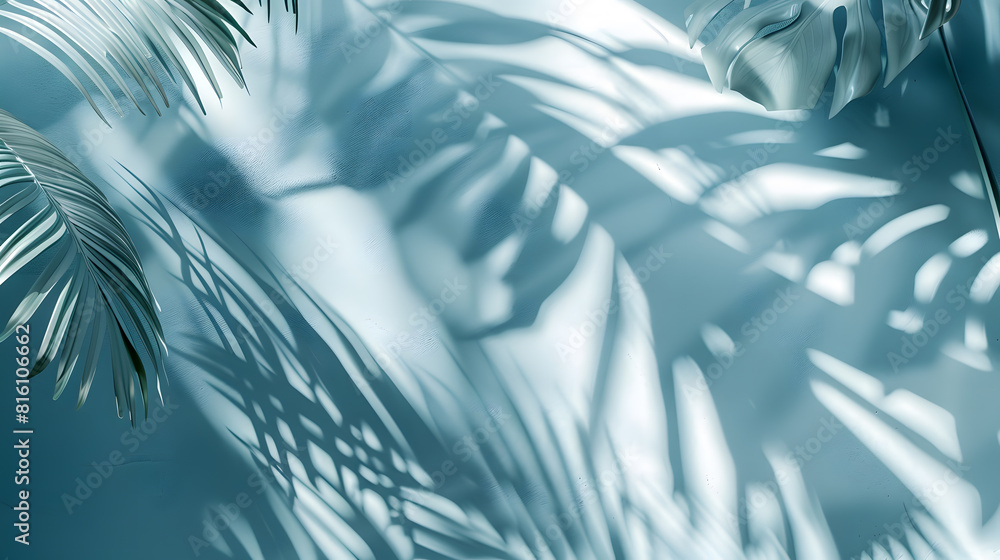 Aufkleber minimal abstract light blue background for product presentation shadow of tropical leaves and curtai