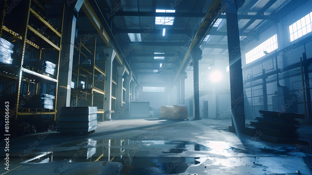 Poster large factory workshop space building : generative ai