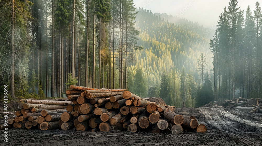 Poster a pile of logs in a forest with a cloudy sky in the background