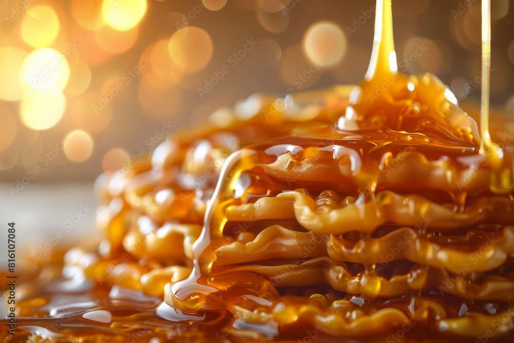 Poster a stack of pancakes with syrup dripping from them