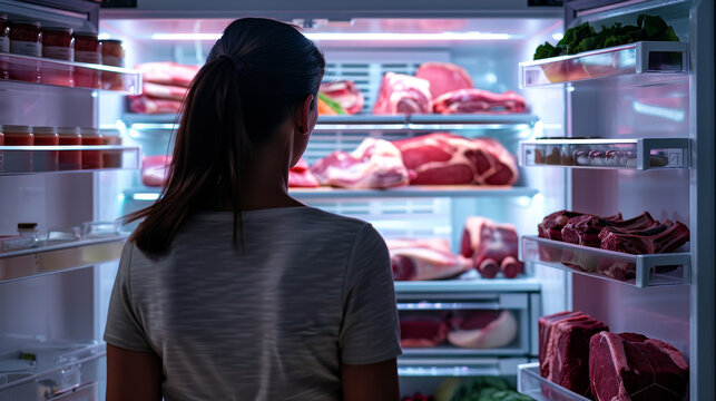 A woman is looking into a refrigerator full of meat