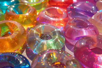 A collection of colorful glass beads with a rainbow effect