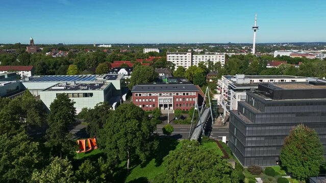 Aerial drone view of Kulturwissenschaftliches Institut Essen (KWI) near Museum Folkwang in S&uuml;dviertel district , Essen , Germany . 