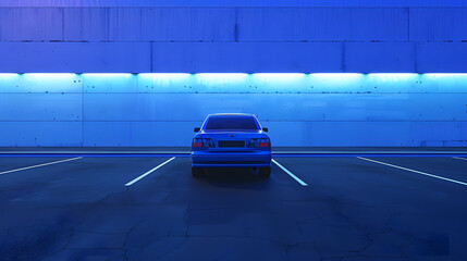 Blue car in an empty parking lot Horizontal banner with copy space Automobile without brand : Generative AI