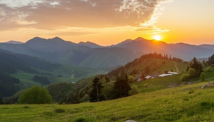 Twilight Reverie: Dazzling Sunset Amidst the Mountains