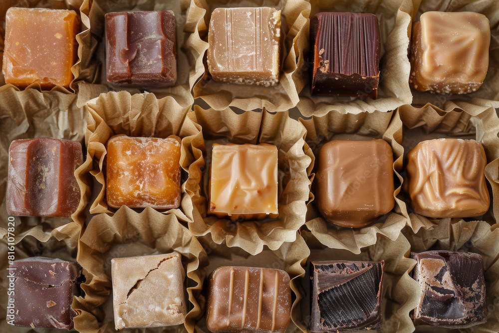Poster a box of assorted chocolates with a brown wrapper