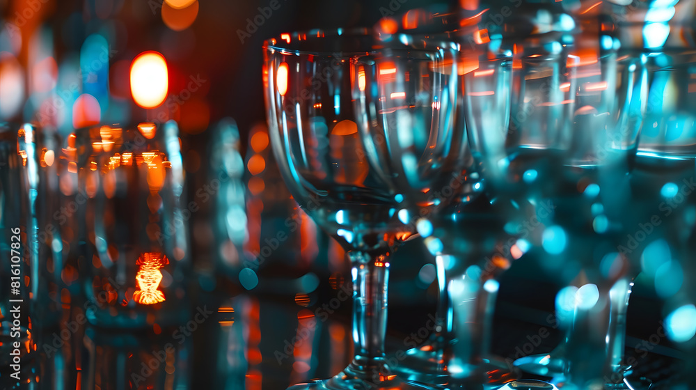 Poster closeup photo of clean washed and polished bar and pub glasses hanging over empty glasses ware on ta