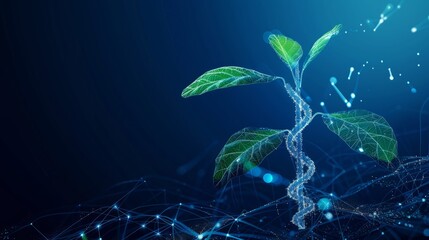 An abstract illustration of plant sprout biotechnology. Seedling tree leaves with DNA genome engineering vitamin supplement isolated on a dark blue background. This is a low poly wireframe mesh