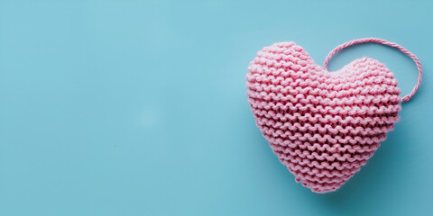 Handmade Crochet pink Heart Pattern isolated on blue background