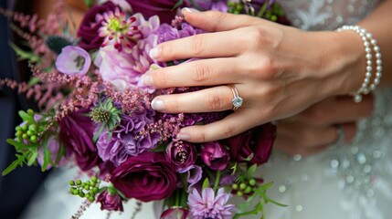 Fototapeta premium Hands of the bride and groom with wedding rings next to a stunning purple flower bouquet