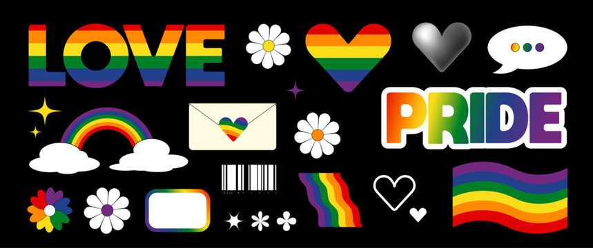 Pride month vector elements design, Love graphic icons for decoration, LGBTQ Cute Emoji for Social media and banner, Rainboe Sticker.