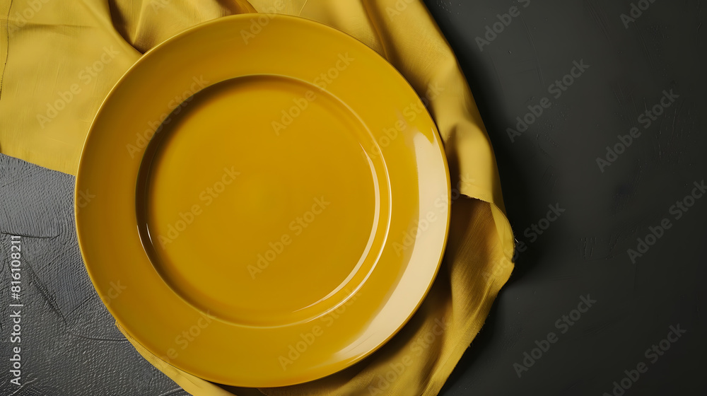 Aufkleber Top view on colored background empty round yellow plate on tablecloth for food Empty dish on napkin with space for your design : Generative AI