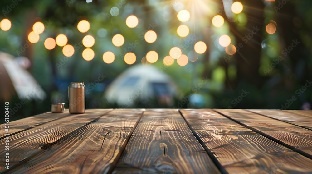 Poster wooden table top on blur tent camping travel tent at nightdrink and party conceptfor montage product