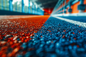 Fototapeta premium Vibrant Indoor Running Track Close Up with Blue and Red Textured Surface