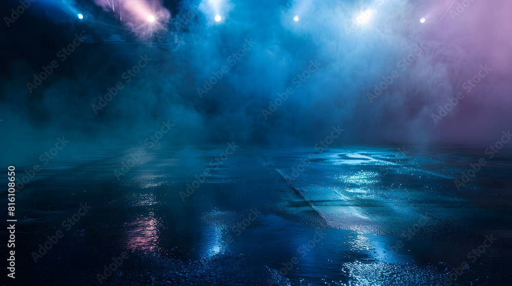 Aufkleber dark street wet asphalt reflections of rays in the water abstract dark blue background smoke smog em