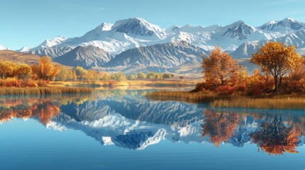 autumn landscape with mountains in the background reflecting in a peaceful lake - generative AI hyper realistic 
