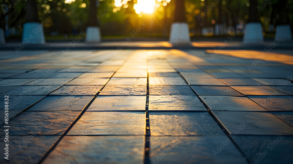 Poster empty square floors and beautiful sunset clouds in the city park : generative ai