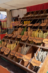 Toledo, España; 4 7 2024: Aromatic incense stall at a medieval flea market