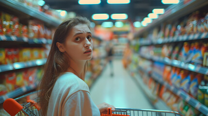 Upset woman in a supermarket with an empty shopping trolley Crises rising prices for goods and products Woman looks shocked in a grocery supermarket price increase and inflation : Generative AI