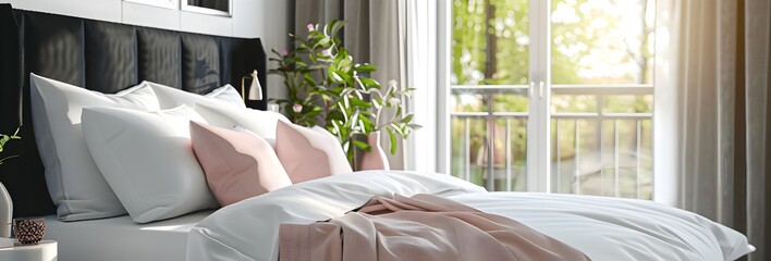 modern bedroom with white bed and black headboard, pink pillows on the right side of it