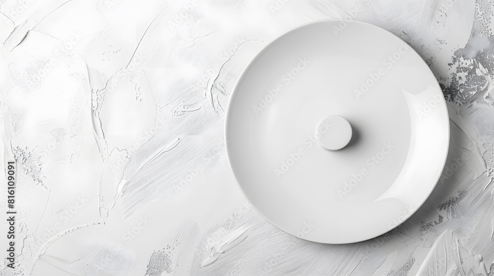 Poster empty white plate on white stone table top view copy space : generative ai