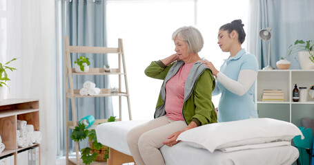 Physiotherapy, massage and senior woman consulting physiotherapist for injury, wellness and osteoporosis. Chiropractor, shoulders or old person with pain, service and rehabilitation with conversation