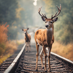 railway track deer blurred bokeh background created using generative AI tools	