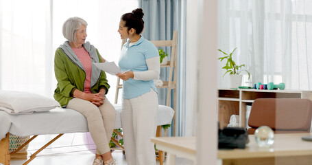 Physiotherapist, senior woman and healthcare documents, physical therapy consulting and results or...