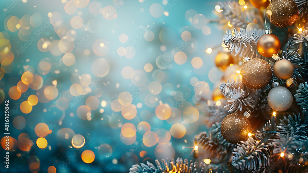 Aufkleber Christmas minimal background a Christmas tree decorated with balls on a background of blurry bokeh lights Baner holiday card mockup New Year 2021 Soft selective focus copy space : Generative AI