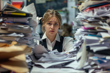 Young businesswoman surrounded by towering stacks of documents, exemplifying the immense stress of work or academic responsibilities