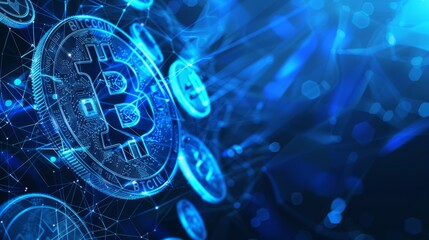 Blue guard shield with coins symbolizing deposit insurance or financial security. Low poly digital style with geometric background and wireframe connection structure. Modern concept hyper realistic 