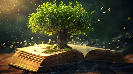 Book or tree of knowledge concept with an oak tree growing from an open book and letters flying from the pages