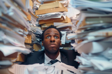Businessman looks up, stressed and surrounded by towering piles of documents, illustrating the pressure of work or study