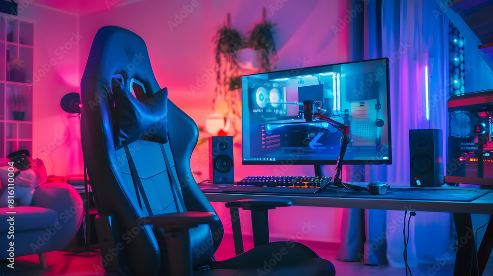 Poster darkroom for a professional gamer with a comfortable empty gamer chair computer table neon lights ke