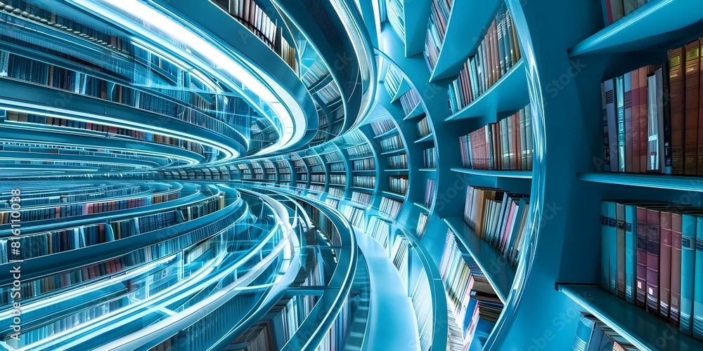 Poster circular bookshelf in library utilizing innovative technology for storage and display. concept circu