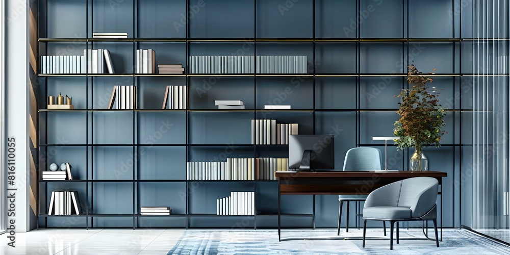 Poster office bookshelf in a library setting with a desk and books. concept library setting, desk decor, bo